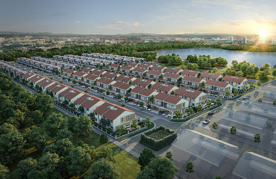 Aerial view of the Keys Lakeside Residence neighbourhood beside the lake