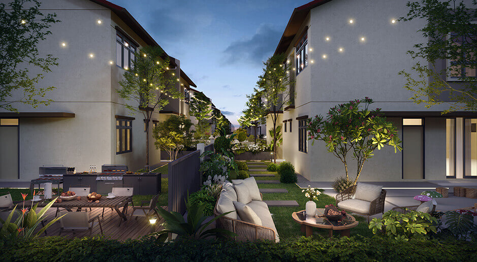 Private backyard and garden lounge at dusk