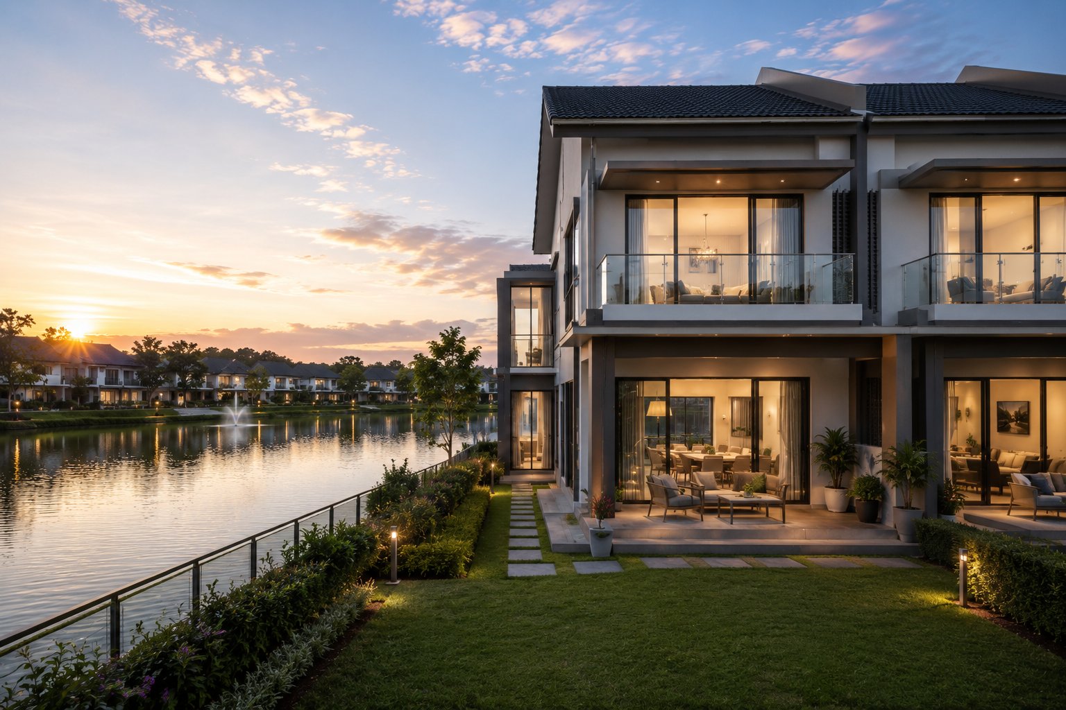 Keys Lakeside Residence Semi-D homes beside the lake at sunset